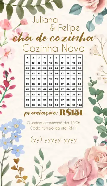 Convite Chá Rifa De Cozinha Floral Casamento editável e personalizável
