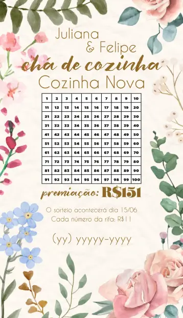 Convite Chá Rifa De Cozinha Floral Casamento para chá de panela e rifa de cozinha para celebrações especiais. – tema chá de panela (floral, aquarela, romântico, vintage, moderno)