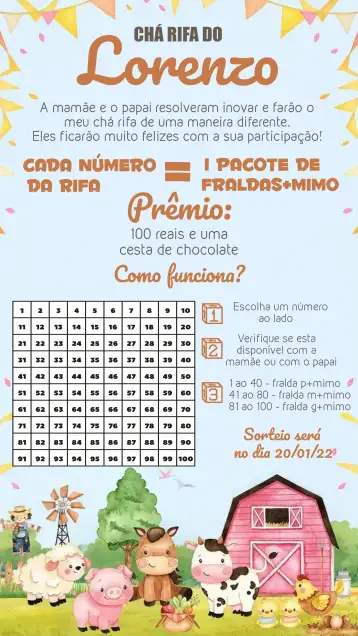 Convite Té Rifa Granja Acuarela Niño para té de bebé con temática de granja. – tema té rifa (acuarela, animales, granja, colores suaves, lúdico, infantil)