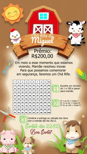 Convite Chá Rifa Fazendinha Bebe para chá de bebê com temática de fazendinha. – tema té rifa (rural, colorido, divertido, animales, verde y amarillo, fiesta temática)