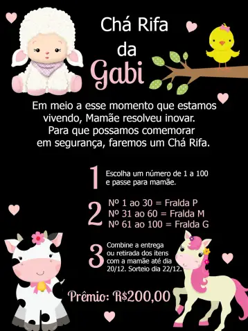 Convite Chá Rifa Fazendinha Rosa para chá de bebê com tema fazendinha. – tema chá rifa (rosa e preto, animais da fazenda, vintage, ilustração infantil, festa temática, design alegre)
