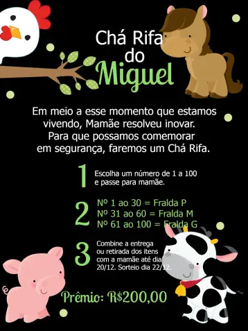 Convite Chá Rifa Fazendinha Caballo para perfecto para baby shower y fiestas temáticas. – tema té rifa (granja, animales, colores vibrantes, rústico, lúdico, divertido)