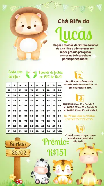 Convite Chá Rifa Leão Safari Ceu para chá de bebê com tema safari. – tema chá rifa (safari, animais, cores vibrantes, divertido, nuvens, balões)
