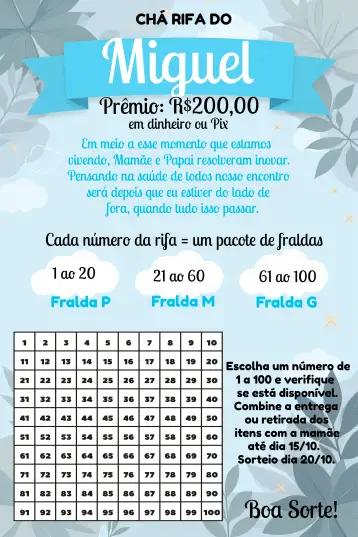 Convite Banner de Sorteo de Té para Niño para baby shower para niños – tema baby shower (azul, nubes, moderno, divertido, infantil, limpio)