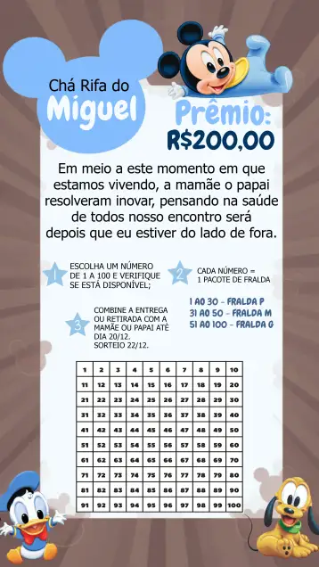 Convite Chá Rifa Mickey Mouse Baby / para chá de rifa para bebê – tema chá rifa (Mickey Mouse, azul e branco, divertido, infantil, moderno)