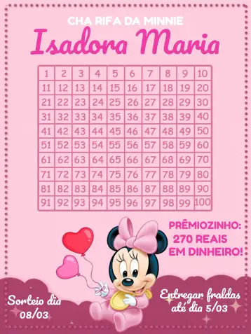 Convite Minnie Mouse Baby Girl Tea Raffle para ideal for baby showers and themed children's parties. – tema raffle tea (pink, white, fun, childish, playful, Minnie Mouse)