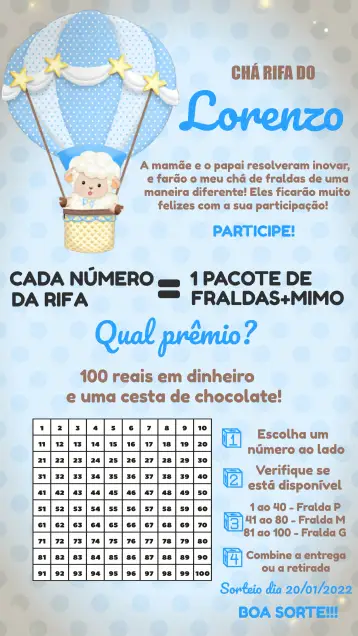 Convite Chá Rifa Oveja Globos Niño para chá de bebé para niños. – tema té rifa (azul, amarillo, blanco, ovejas, infantil, festivo)