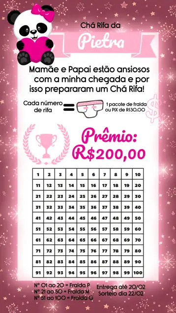 Convite Chá Rifa Pandinha Cha para baby shower con temática de panda. – tema té rifa (rosa, blanco, panda, divertido, infantil, moderno)