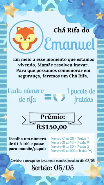 Convite Tea Raffle Fox Cloud para baby shower or raffle party. – tema raffle tea (aquarela, boho, infantil, encantado, colorido)