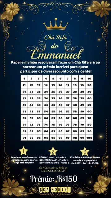 Convite Tea Raffle Royalty 100 para baby shower with royalty theme. – tema raffle tea (golden, blue, white, royalty, princess, elegant)