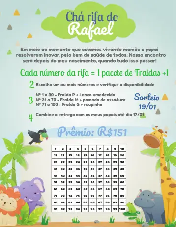 Convite Chá Rifa Safari Animais para chá de bebê divertido e temático. – tema té rifa (safari, colorido, acuarela, divertido, temático)