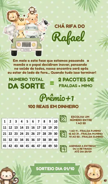 Convite Chá Rifa Safari Menino para chá de bebê para menino com tema safari. – tema chá rifa (safari, animais, cores suaves, ilustrações divertidas, tema infantil)