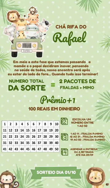 Convite Chá Rifa Safari Menino para chá de bebê para menino com tema safari. – tema chá rifa (safari, animais, cores suaves, ilustrações divertidas, tema infantil)