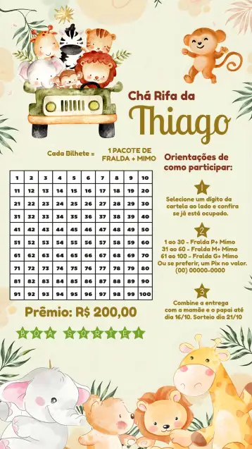 Convite Chá Rifa Safari Marrom para chá de bebê com tema safari – tema mais pesquisados (safari, animais, natural, divertido, colorido, tropical)