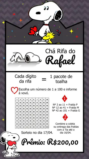 Invitación Té Rifa Snoopy Peanuts Cha editable y personalizable