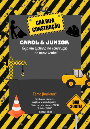 Convite Chá Rifa Solidária Construção Trabalhando para evento beneficente de chá rifa para arrecadação de fundos. – tema chá rifa (moderno, masculino, elegante, minimalista, preto e amarelo, construção)