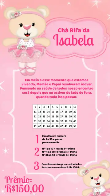 Convite Chá Rifa Ursinha Bailarina Rosa para chá de bebê com tema de ursinha bailarina. – tema chá rifa (rosa, floral, bailarina, princesa, feminino, infantil)