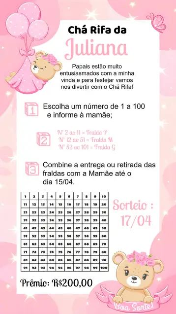 Convite Chá Rifa Ursinha Fralda para chá de bebê com tema de ursinha e fraldas. – tema chá rifa (floral, rosa, delicado, infantil, moderno)