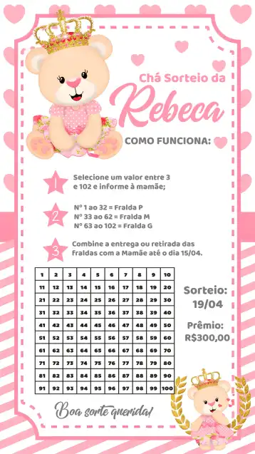 Convite Chá Rifa Ursinha Princesa Bebe – tema Chá Rifa rosa, branco, floral, princesa, ursinha, realeza