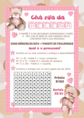 Convite Chá Rifa Ursinha De Fraldas para chá de bebê – tema chá rifa (rosa, lilás, infantil, ursinha, castelo, colorido)