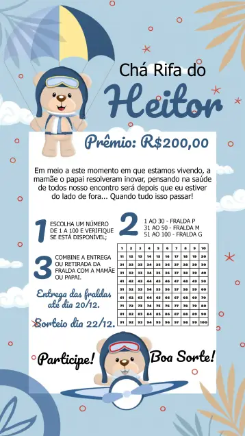 Convite Chá Rifa Ursinho Aviador 100 editável e personalizável
