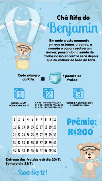 Convite Chá Rifa Ursinho Baloeiro Cha editável e personalizável