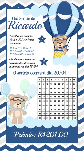 Convite Chá Rifa Ursinho Baloeiro Urso editável e personalizável