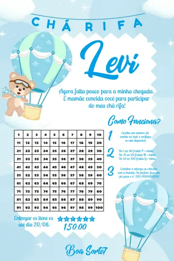 Invitación Té Rifa Osito Globos Azules editable y personalizable