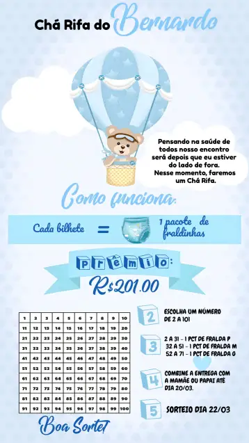 Convite Chá Rifa Ursinho Baloeiro Bebe para chá de bebê com temática ursinho baloeiro. – tema chá rifa (azul, branco, lúdico, infantil, fofo, baloeiro)