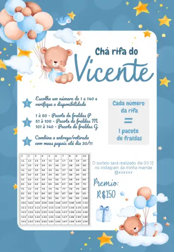 Convite Chá Rifa Ursinho Baloeiro Cha para chá de bebê com temática divertida e acolhedora. – tema chá rifa (azul suave, ursinhos fofos, balões coloridos, estilo aviador, elementos infantis, tema divertido)