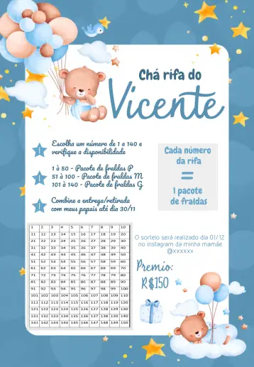 Convite Chá Rifa Ursinho Baloeiro Cha editável e personalizável