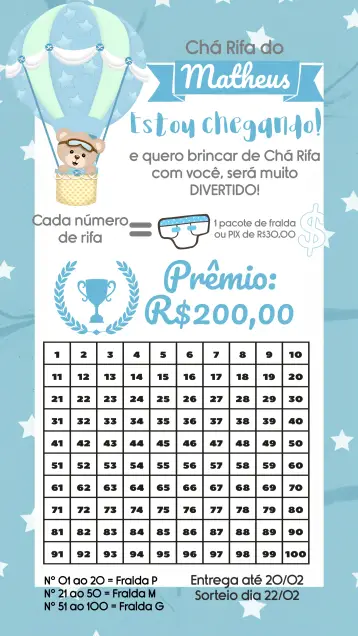 Convite Chá Rifa Ursinho Baloeiro Urso editável e personalizável