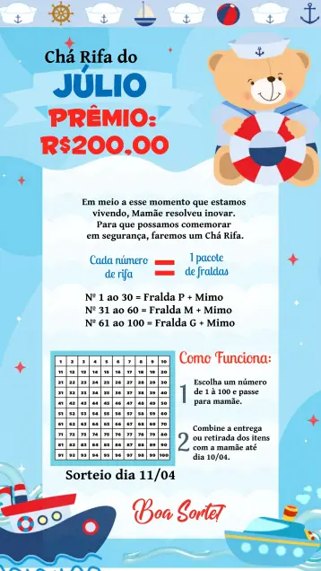 Convite Chá Rifa Ursinho Marinheiro Vermelho editável e personalizável