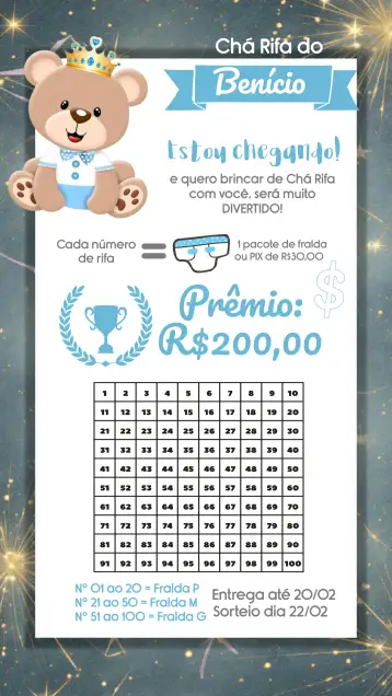 Convite Chá Rifa Ursinho Príncipe Fralda para chá de bebê e rifa de fraldas. – tema mais pesquisados (azul, branco, realeza, infantil, lúdico, divertido)