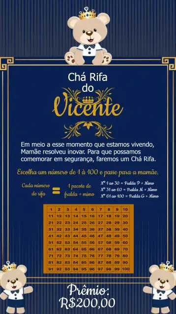 Convite Chá Rifa Ursinho Príncipe Azul para chá de bebê com tema príncipe. – tema chá rifa (azul, dourado, branco, ursinho, infantil, delicado)