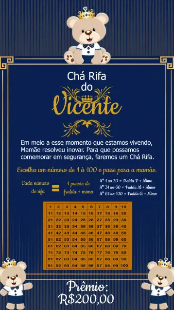 Convite Chá Rifa Ursinho Príncipe Azul editável e personalizável