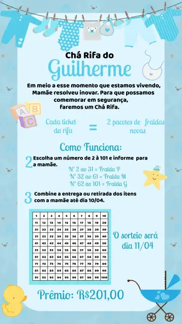 Convite Té Rifa Tendedero De Ropa Rifacha para té de rifa para bebés. – tema té rifa (azul y blanco, estilo infantil, ositos, tendedero de ropa, moderno, divertido)