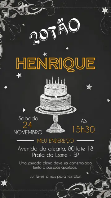 Convite Chalkboard Adulto para aniversário adulto, especialmente para comemorações de 18 anos e festas temáticas. – tema aniversário (chalkboard, moderno, preto e branco, elegante, descontraído)