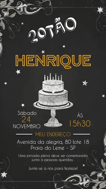 Convite Chalkboard Adulto para aniversário adulto, especialmente para comemorações de 18 anos e festas temáticas. – tema aniversário (chalkboard, moderno, preto e branco, elegante, descontraído)