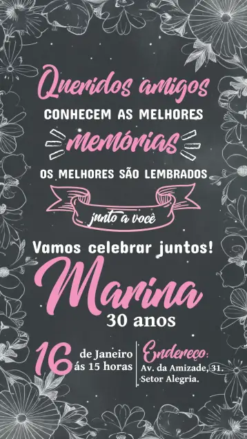 Convite Chalkboard Bons Amigos - Rosa Floral para cumpleaños de amigos y familiares. – tema cumpleaños (floral, pizarra, rosa, moderno, femenino, alegre)