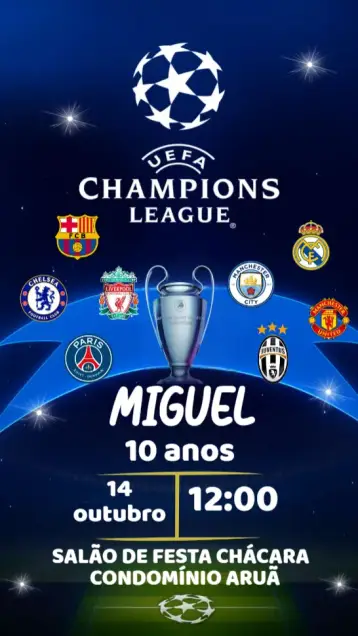 Convite Champions para festa de 15 anos com tema de futebol. – tema 15 anos (futebol, vibrante, moderno, jovem, colorido)