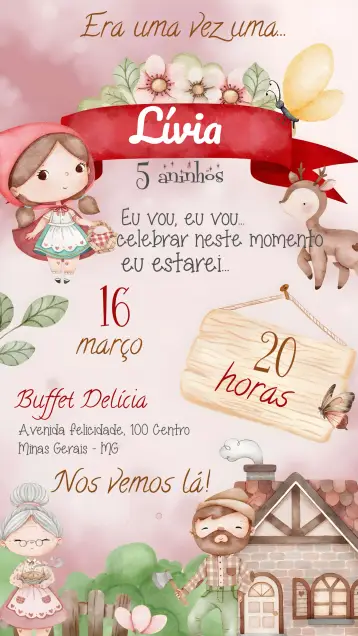 Invitación Caperucita Roja Acuarela Bosque editable y personalizable