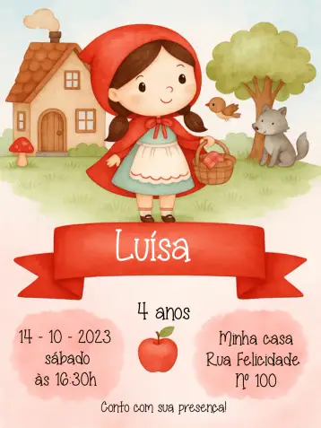 Convite Caperucita Roja Acuarela Niña para cumpleaños infantil – tema cumpleaños infantil (acuarela, colores suaves, ilustraciones infantiles, temática de cuentos de hadas, estilo lúdico)