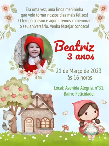 Convite Chapéuzinho Vermelho Com Foto Aquarela editável e personalizável