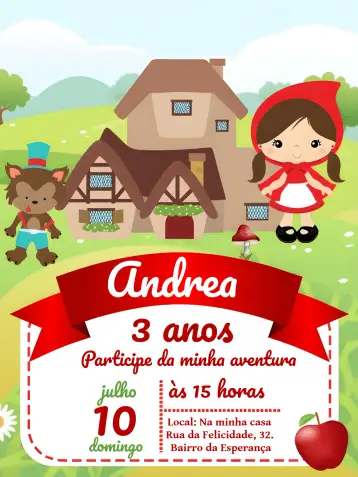 Convite Little Red Riding Hood Party para children's birthday party with little red riding hood theme. – tema most searched for (colorful, childlike, famous fairy tale, adventure, fun)