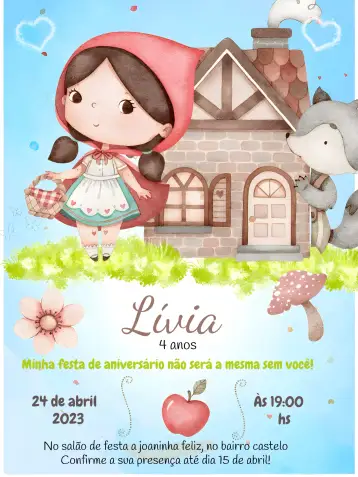 Convite Caperucita Roja Imprimir para cumpleaños infantil con temática de caperucita roja. – tema más buscados (acuarela, infantil, lúdico, colorido, moderno)
