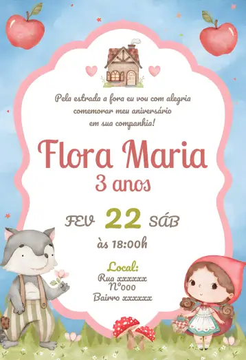 Convite Chapéuzinho Vermelho Mal para aniversário infantil ou festa temática. – tema mais pesquisados (aquarela, infantil, floresta, xadrez, colorido, divertido)