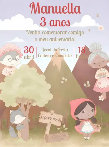 Convite Little Red Riding Hood Grandma para children's birthday with fairy tale theme. – tema most searched for (colorful, childlike, fairy tales, vintage, fun)
