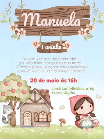 Convite Little Red Riding Hood Grandma para children's birthday. – tema most searched for (aquarela, infantil, colorido, lúdico, temático, fantasia)