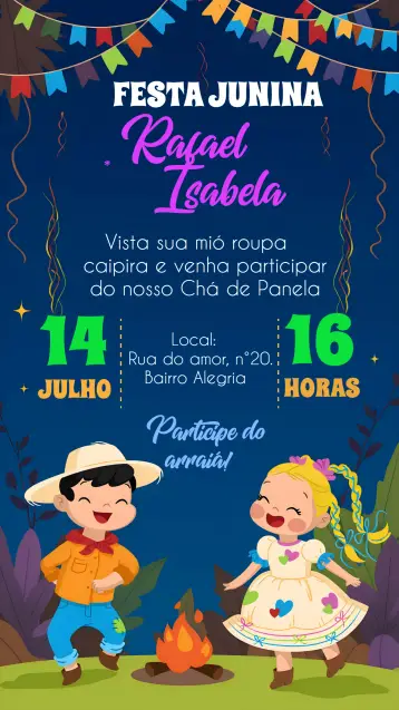 Convite Charraiá Junino Arraia para chá de panela com temática junina. – tema chá de panela (junino, caipira, colorido, rústico, vintage, festivo)